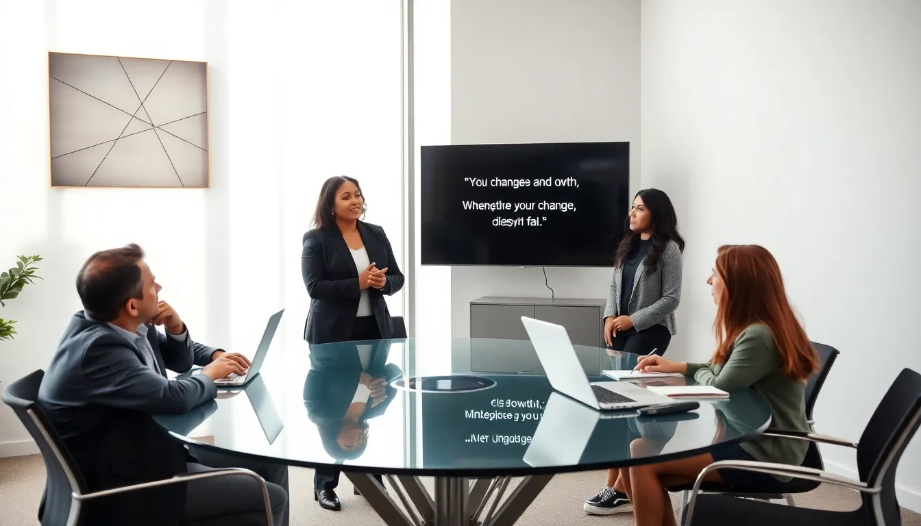 professionals discussing change and growth in a modern office.