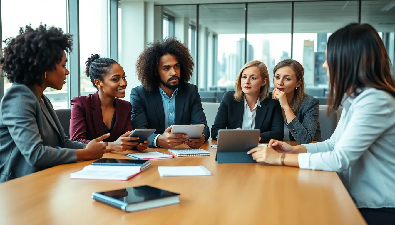 diverse professionals discussing personal growth in an office setting.