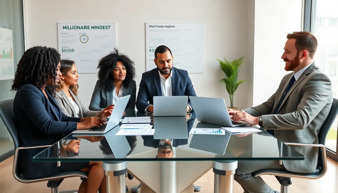 diverse professionals discussing financial education in a modern office.