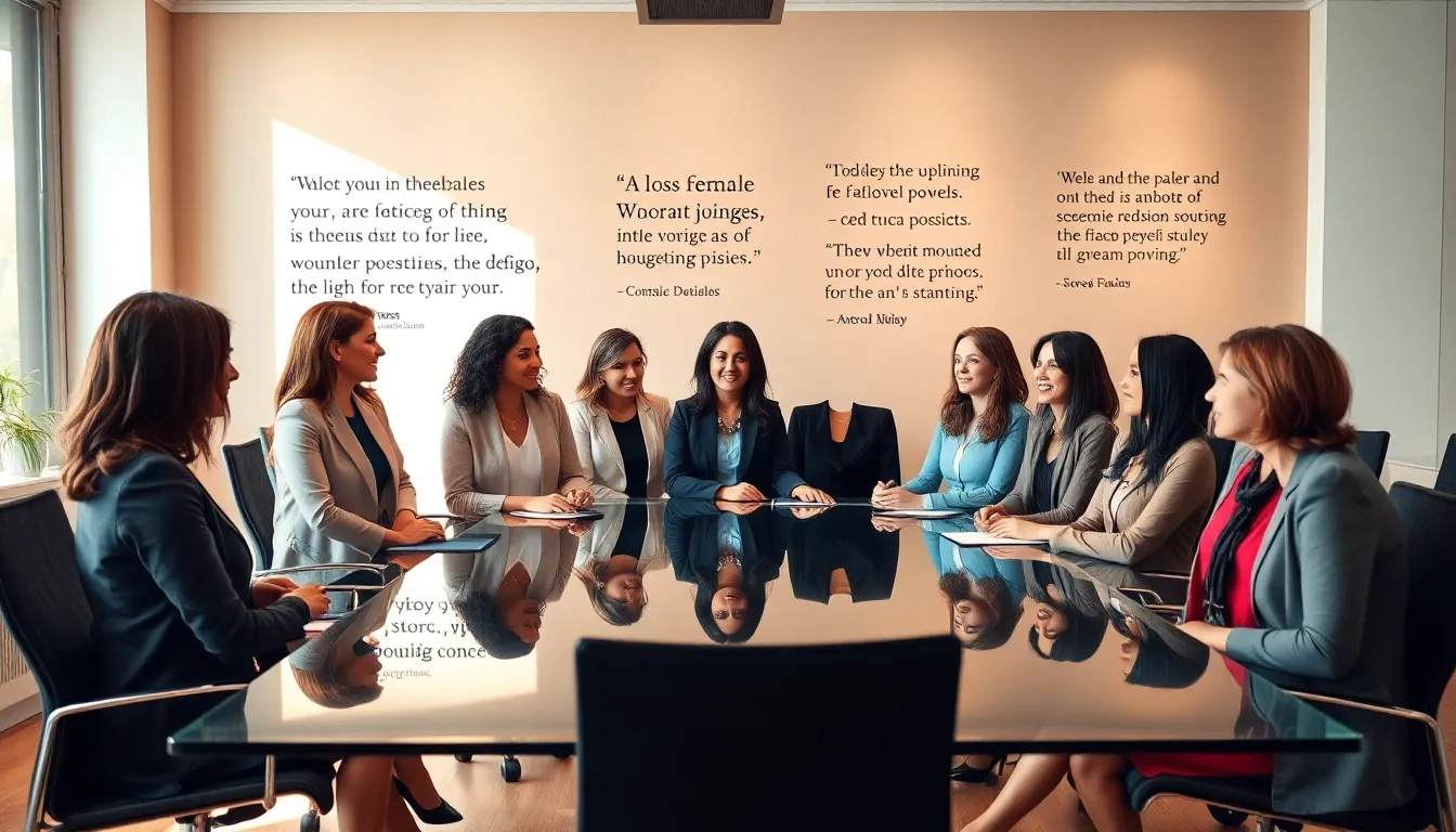 diverse women discussing inspiring quotes in a modern office.