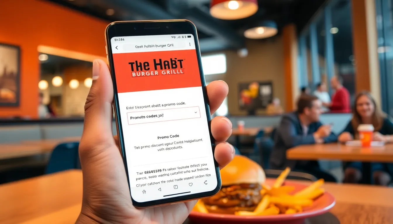 smartphone displaying Habit burger promo code in a modern restaurant.