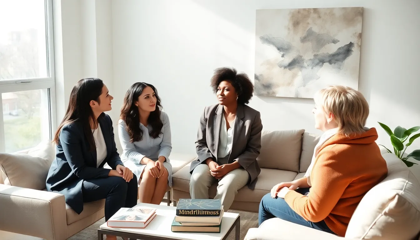 diverse professionals discussing anxiety treatment in a calming therapy room.