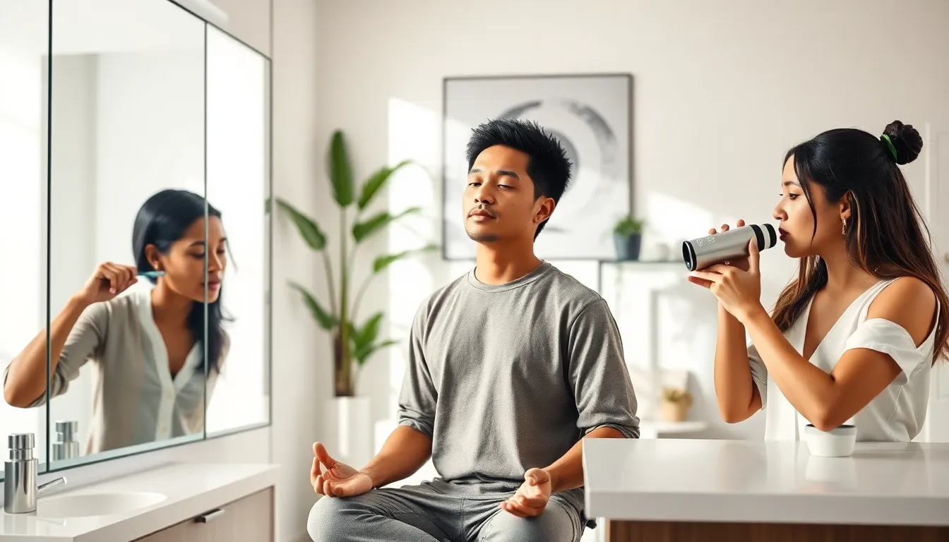 diverse individuals demonstrating healthy daily habits in a modern setting.
